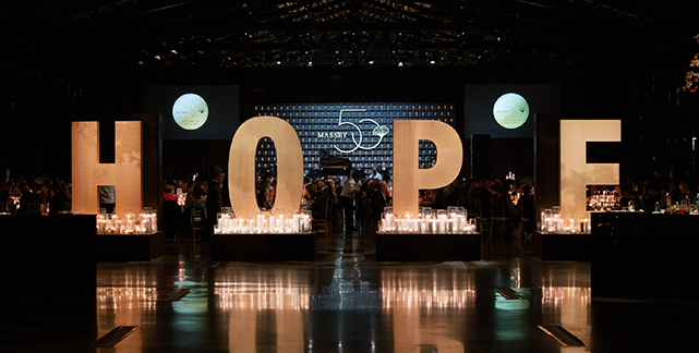 Large, light up letters spelling hope at the Golden Gala