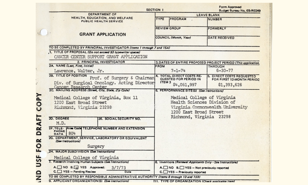 1973 Cancer Center Support Grant application submitted by Walter Lawrence Jr., M.D.