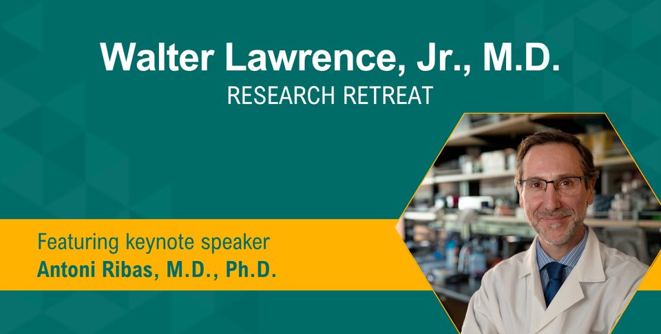 Green graphic for Walter Lawrence flyer for 2-25 event. Featuring keynote speaker: Antoni Ribas, MD., PHd.