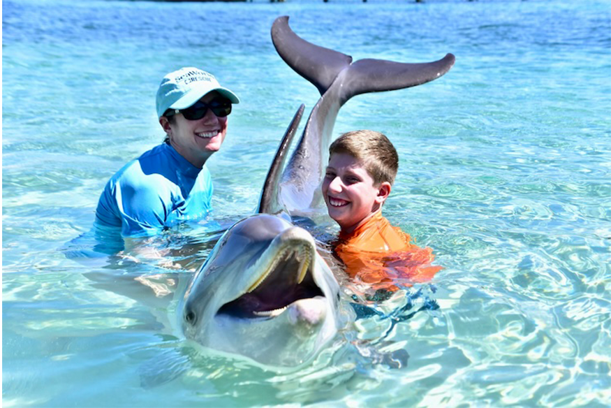 Dr. Noreika and her son swimming with a dolphin