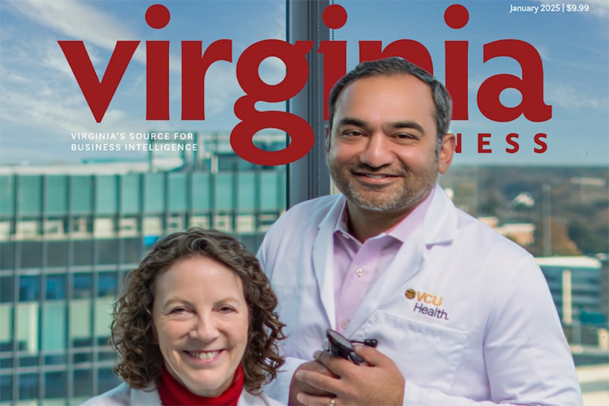 Two doctors featured on the cover of Virginia business magazine in white coats